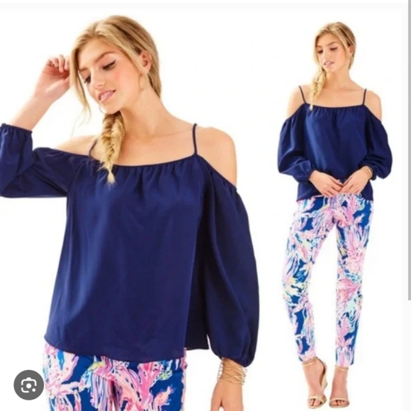 Lilly Pulitzer Navy Blue Off The Shoulder Candice Blouse Adjustable Silk Small - Picture 6 of 8
